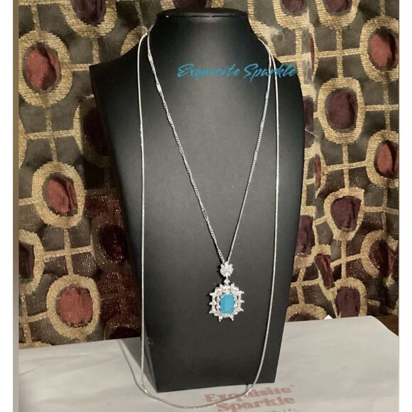 Lab Created  Paraiba Tourmaline &Zircon vintage inspired silver Pendant necklace - Picture 13 of 16